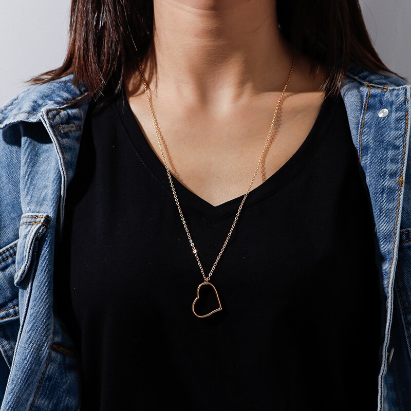 Korean Style Hollow Love Heart Pendant Necklaces for Women Simple Gold Silver Color Long Chain Necklaces Femme Jewelry Gifts