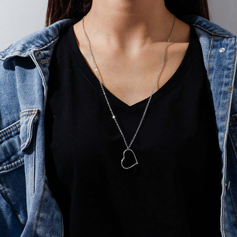 Korean Style Hollow Love Heart Pendant Necklaces for Women Simple Gold Silver Color Long Chain Necklaces Femme Jewelry Gifts