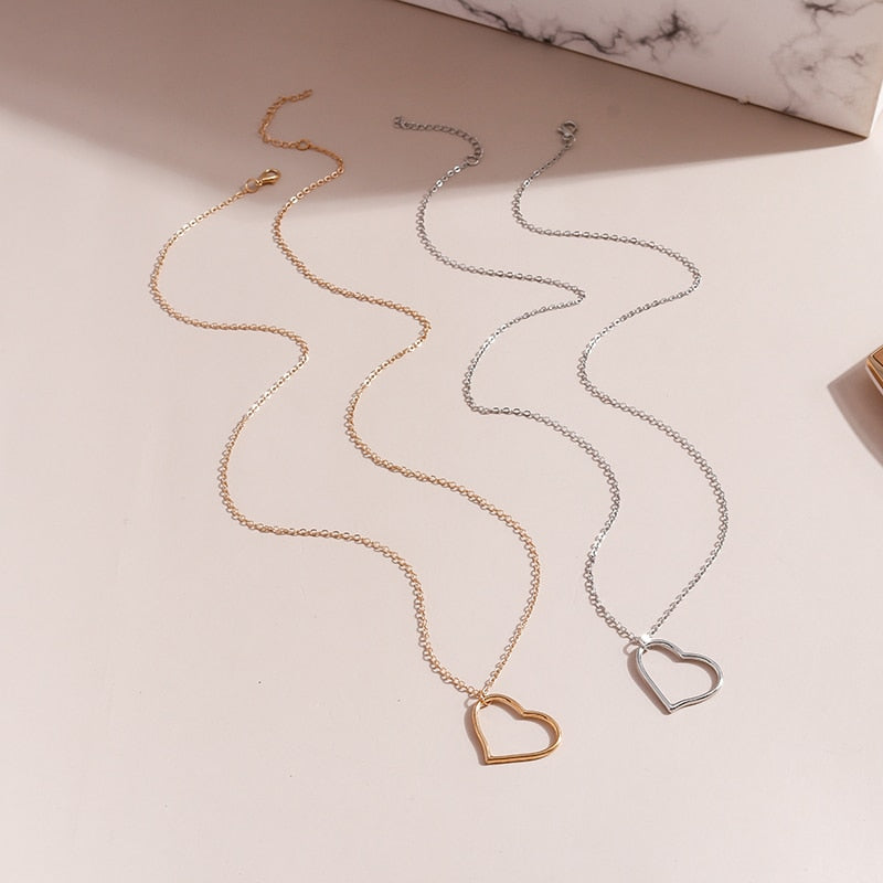 Korean Style Hollow Love Heart Pendant Necklaces for Women Simple Gold Silver Color Long Chain Necklaces Femme Jewelry Gifts