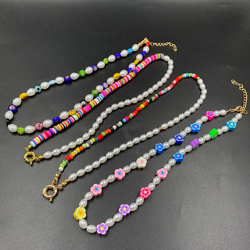 Korean Sweet Colorful Devil's Eye Flower Necklace Acrylic Alien beads Flowers Boho Clavicle Necklaces for Women Girls Jewelry