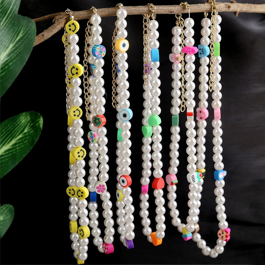 Korean Trendy Simulated Pearl Choker Necklace For Women Bohemian Colorful Handmde Face Bead Collar Random Color Jewelry 2021