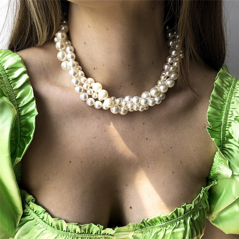 Korean Version Simple Multi Layer Pearl Necklace Of Female Stacking Temperament Retro Exaggerated Clavicle Chain Jewelry