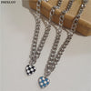 Korean Vintage Harajuku Blue Black White Grid Heart Metal Choker Chian Necklace For Women Men Girls Vacation Cool Punk Jewelry