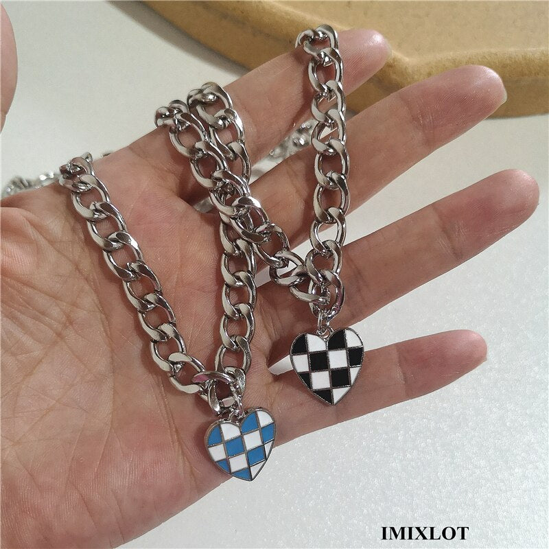 Korean Vintage Harajuku Blue Black White Grid Heart Metal Choker Chian Necklace For Women Men Girls Vacation Cool Punk Jewelry
