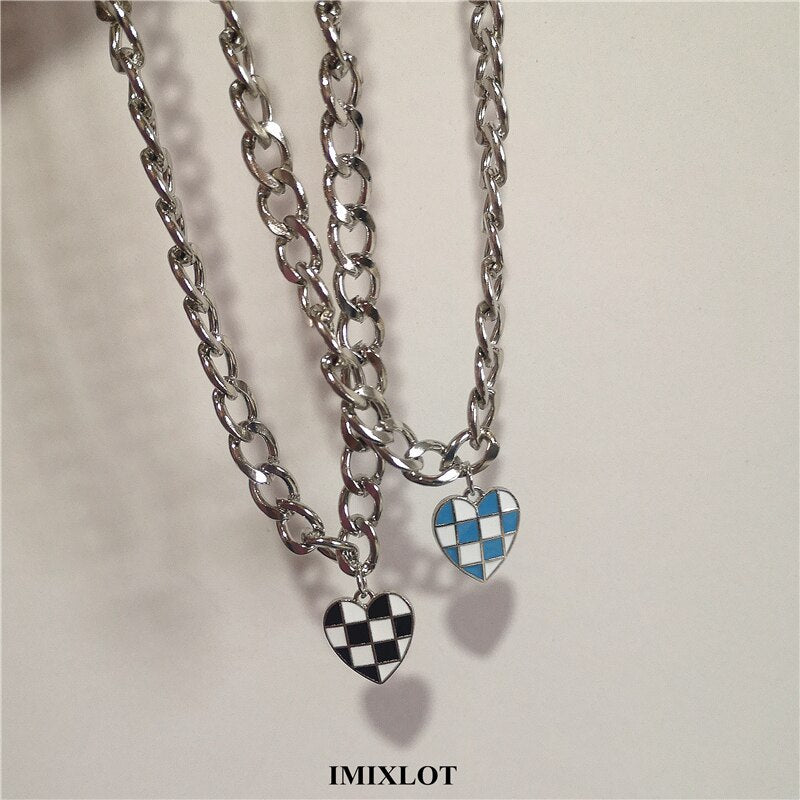 Korean Vintage Harajuku Blue Black White Grid Heart Metal Choker Chian Necklace For Women Men Girls Vacation Cool Punk Jewelry
