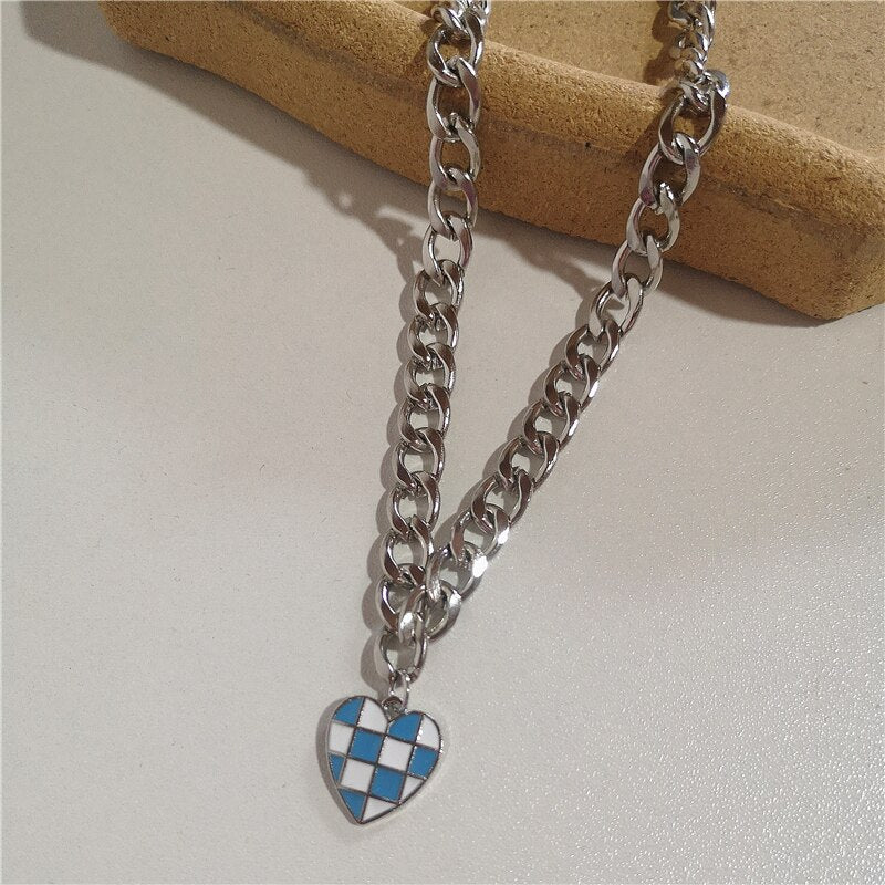 Korean Vintage Harajuku Blue Black White Grid Heart Metal Choker Chian Necklace For Women Men Girls Vacation Cool Punk Jewelry