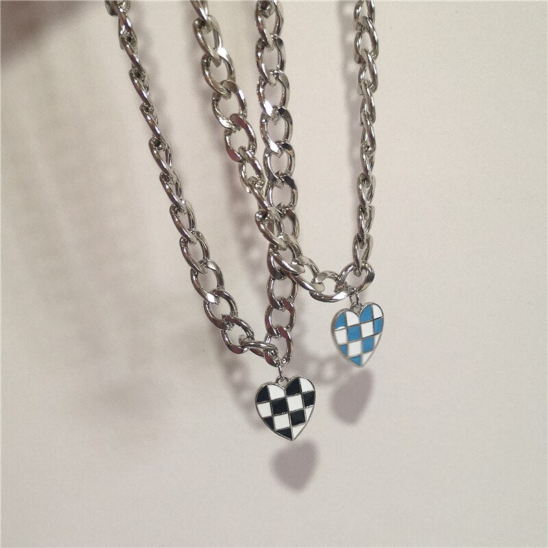 Korean Vintage Harajuku Blue Black White Grid Heart Metal Choker Chian Necklace For Women Men Girls Vacation Cool Punk Jewelry