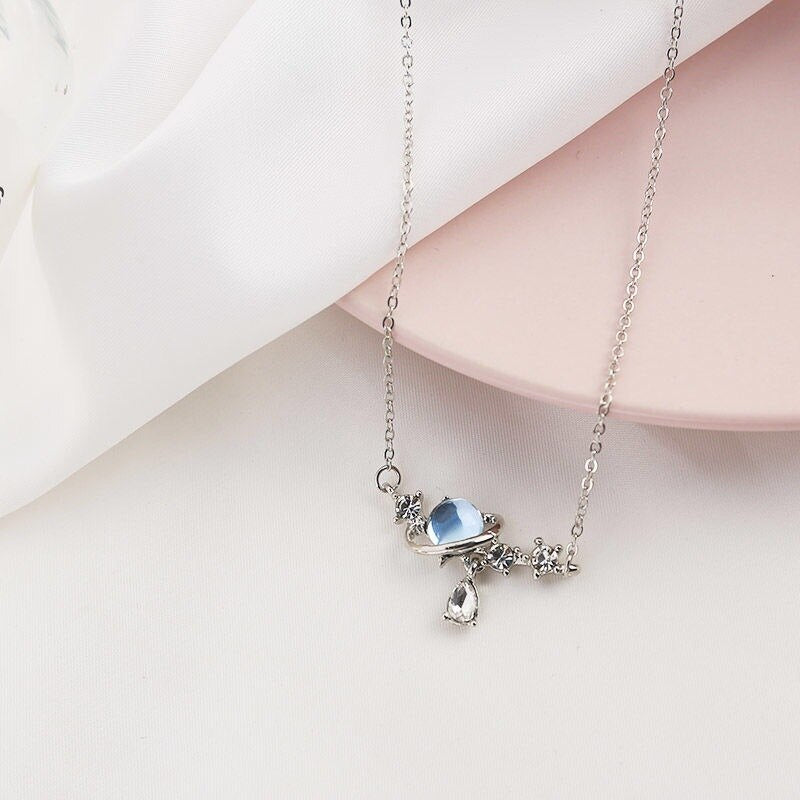 Korean Zircon Hollow Aurora Water Drop Planet Universe Pendant Necklace For Women Charm Choker Neck Chain Wedding Jewelry Girls