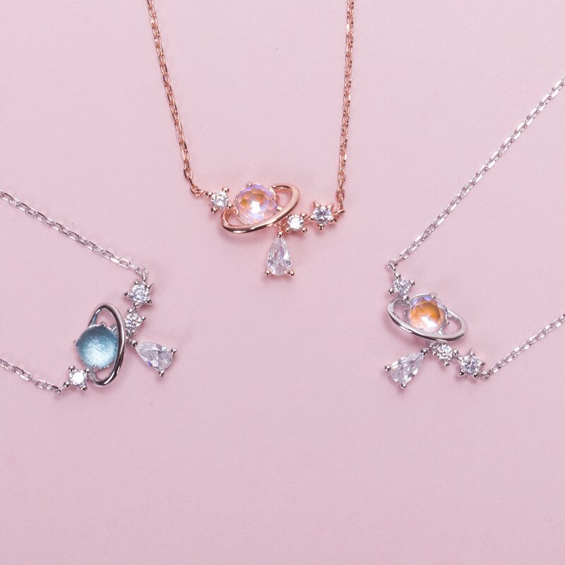 Korean Zircon Hollow Aurora Water Drop Planet Universe Pendant Necklace For Women Charm Choker Neck Chain Wedding Jewelry Girls