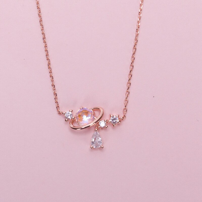 Korean Zircon Hollow Aurora Water Drop Planet Universe Pendant Necklace For Women Charm Choker Neck Chain Wedding Jewelry Girls