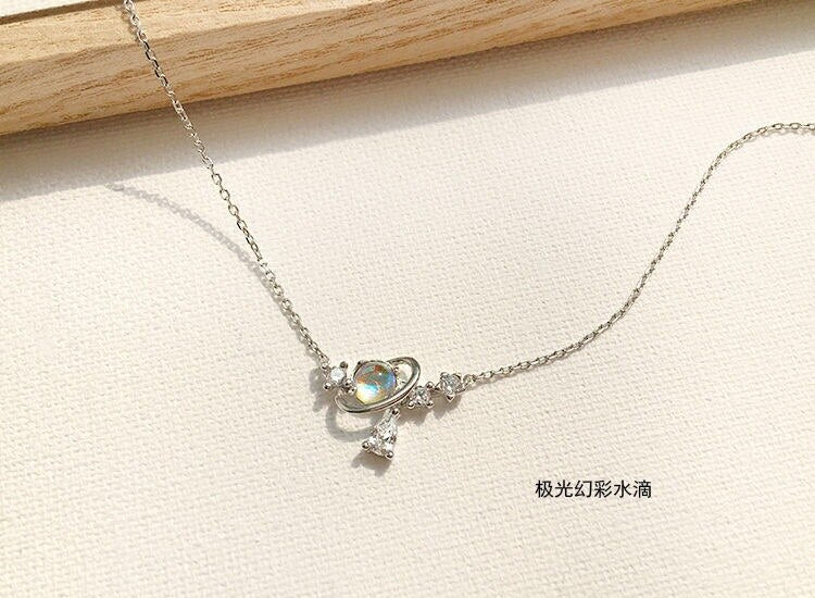 Korean Zircon Hollow Aurora Water Drop Planet Universe Pendant Necklace For Women Charm Choker Neck Chain Wedding Jewelry Girls