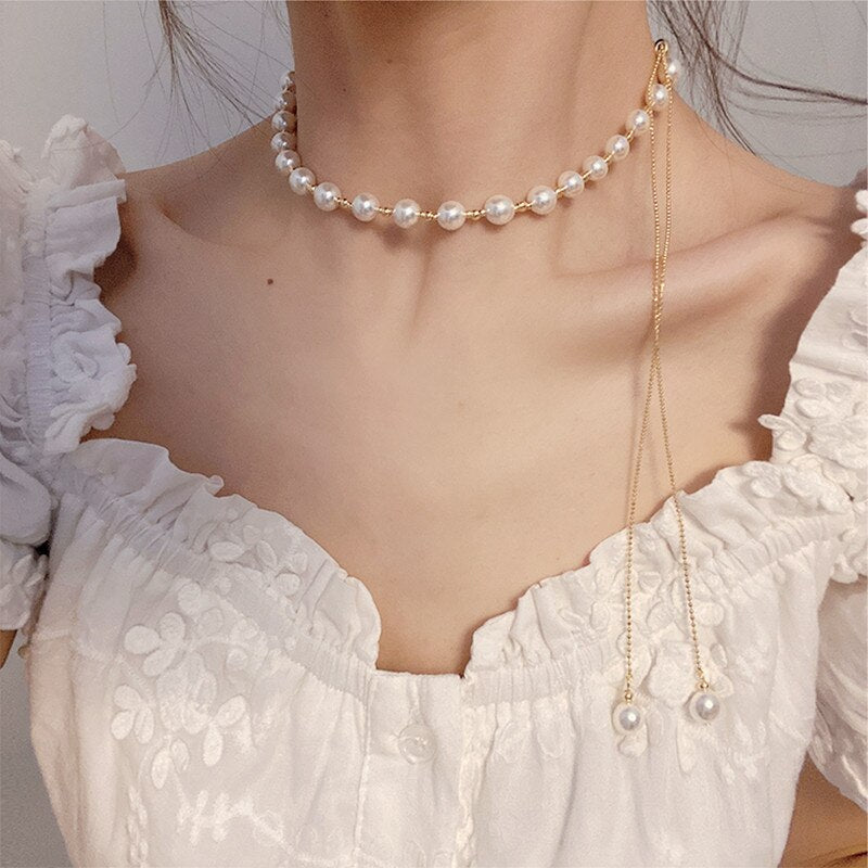 Korean celebrity style pearl necklace pull-out exquisite necklace feminine niche design sense choker to give girlfriend a gift