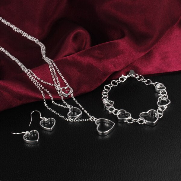 Korean 925 Sterling Silver romantic Love Heart Bracelet necklace earring for women charm wedding Party gift sJewelry set