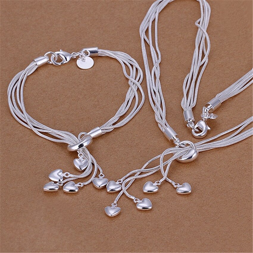 Korean 925 Sterling Silver romantic tassels heart Bracelets necklace for Women Gift Party wedding Jewelry set