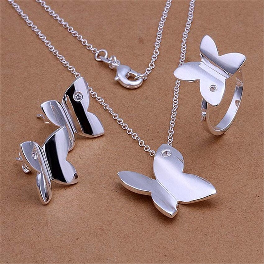 Korean 925 sterling Silver Crystal butterfly pendant necklace earrings ring for women charms Jewelry sets Party Gifts