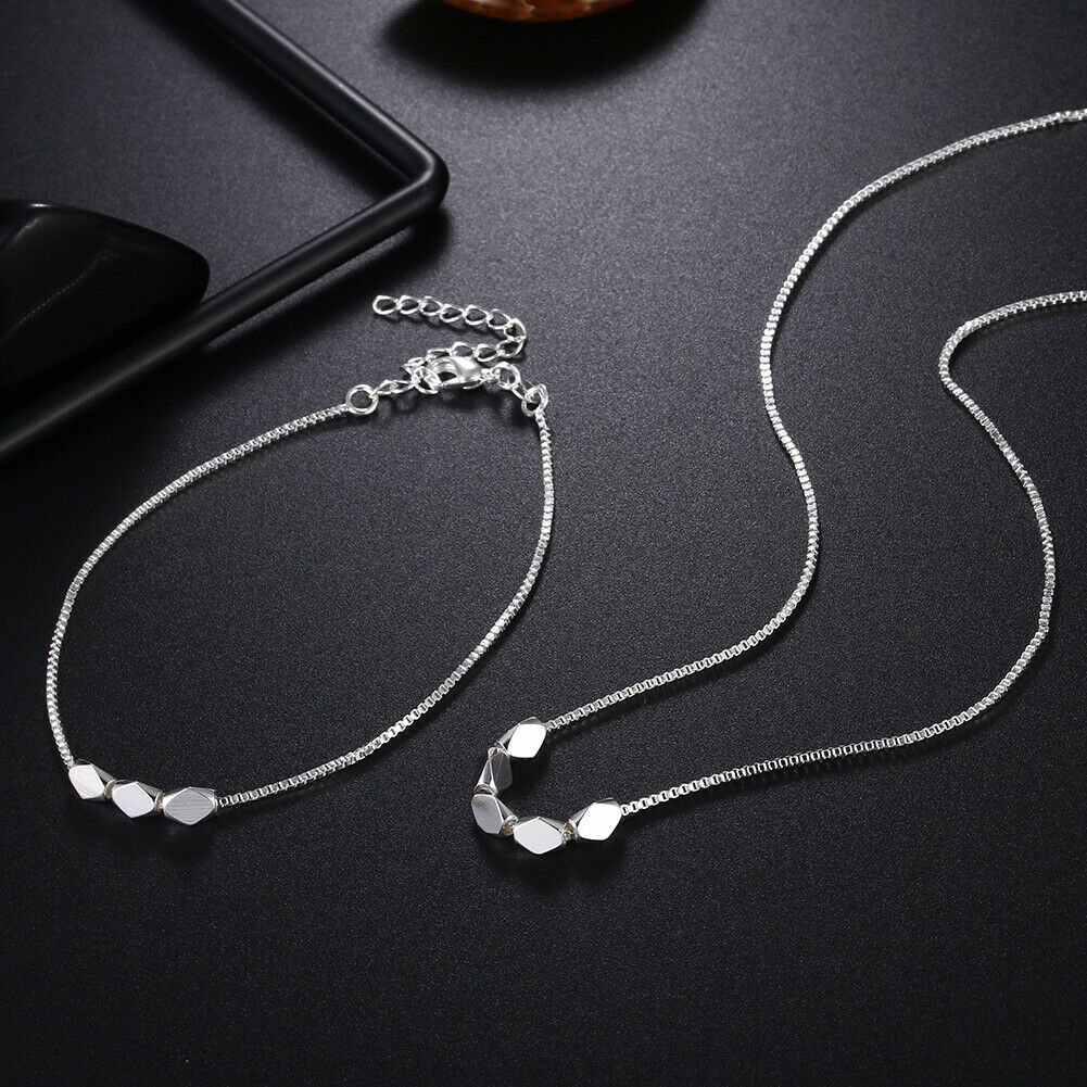 Korean 925 sterling Silver box chain bracelets neckalce for women Party wedding accessories jewelry sets Couple gifts