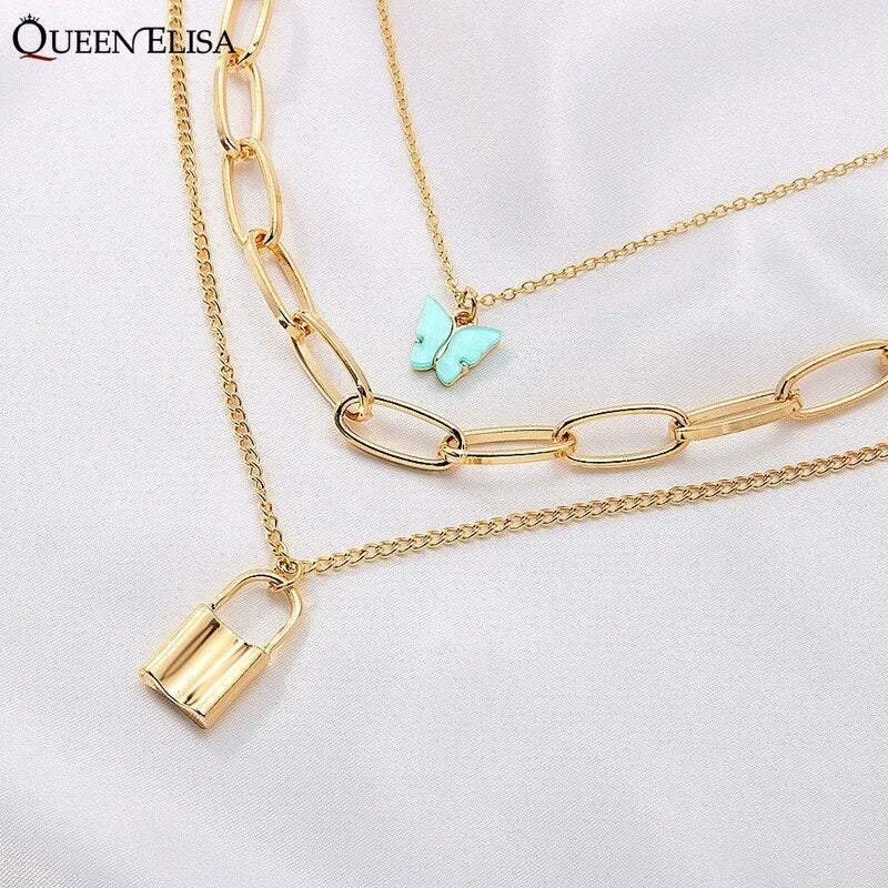 Korean vintage lock pendant necklace gold color metal necklace with thick chain popular jewelry accessories