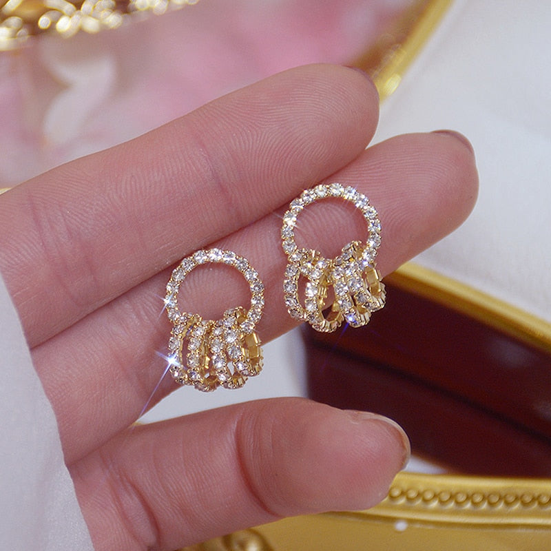 Korean 925 silver needle jewelry exquisite small round crystal 14K real gold earrings elegant women's daily earrings