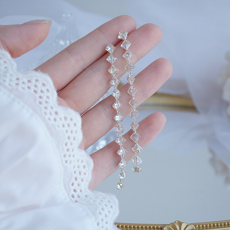 Korean jewelry 14K real gold plated copper inlaid AAA zircon earrings  long shiny wedding prom earrings