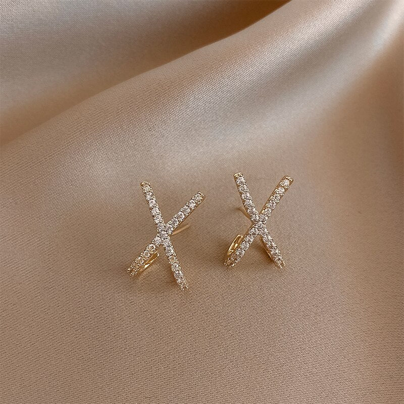 Korean jewelry, exquisite copper inlaid zircon cross earrings elegant and simple student women's daily wild earrings