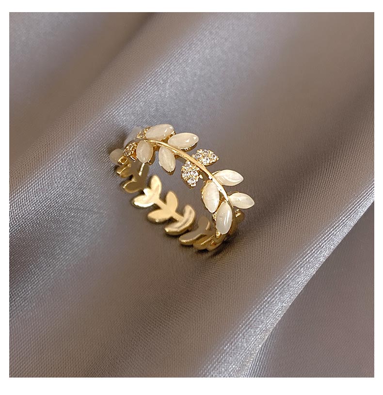 Korean jewelry exquisite copper inlaid zircon wheat ear leaf opal ring elegant women's opening adjustable ring