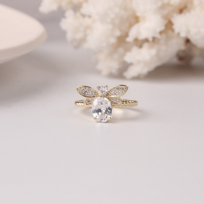 Korean selling jewelry exquisite copper inlaid zircon bee ring simple women's opening adjustable ring