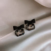 Korean selling jewelry sweet and cute black bow stud earrings square crystal elegant student women daily earrings