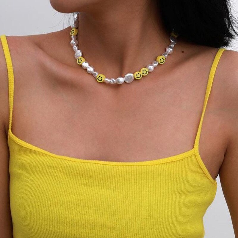 Korean irregular Pearl Choker Necklace For Women Girls Smiley Face Necklace Smile Beads Neck Chains Pendant Jewelry 2021 Chocker