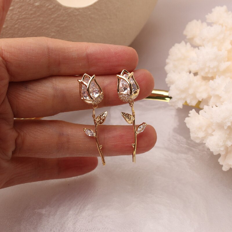 Korean design jewelry creative copper inlaid zircon tulip flower earrings elegant female dangle earrings