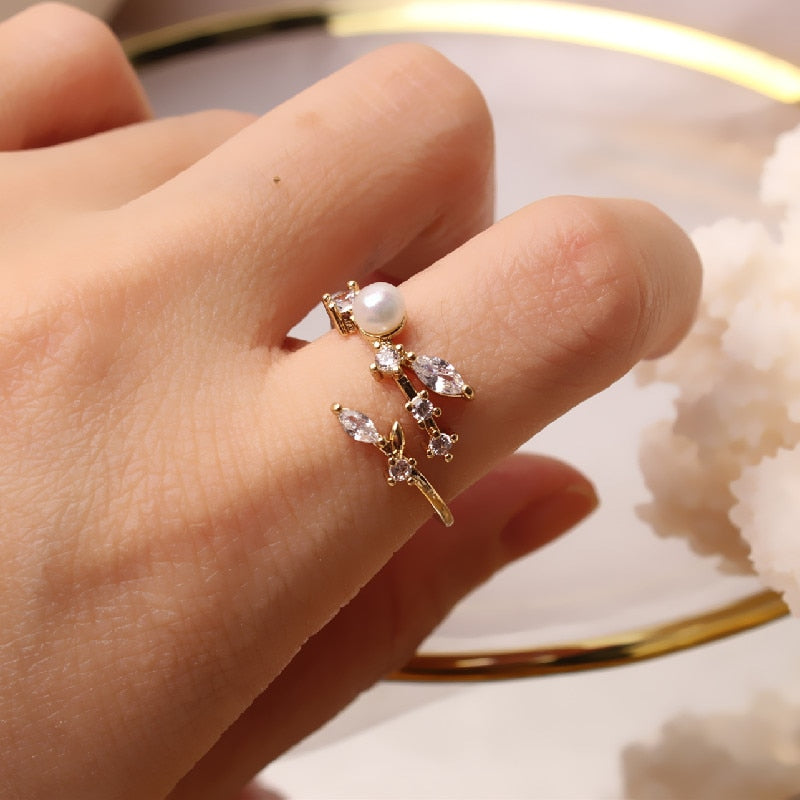 Korean design jewelry exquisite copper inlaid zircon freshwater pearl opening adjustable female index finger ring