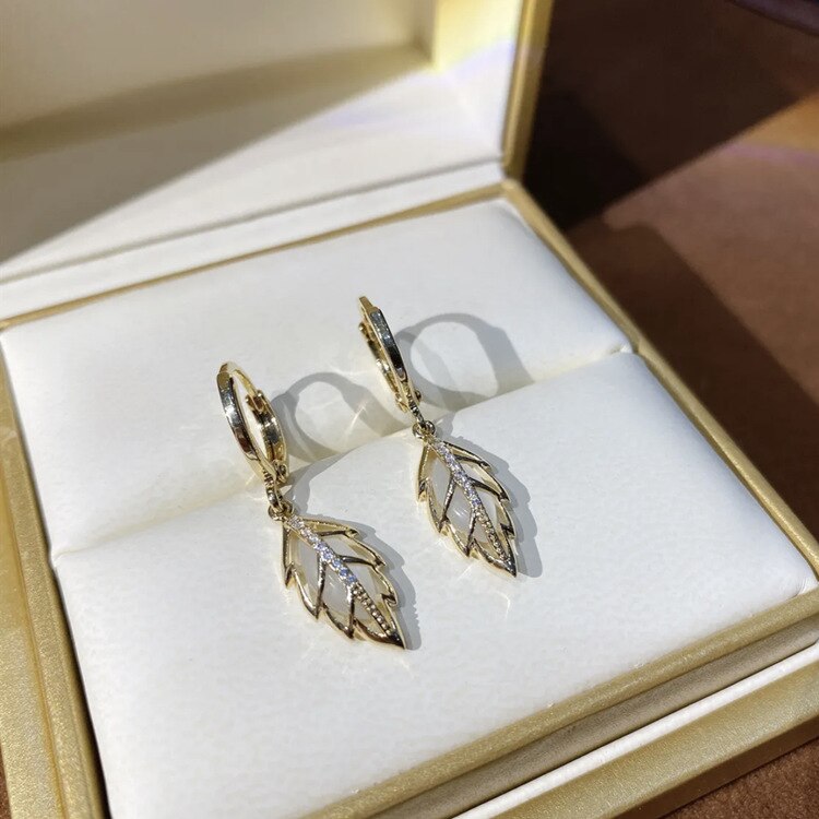 Korean design jewelry exquisite copper inlaid zircon opal leaf earrings elegant women's wedding party accessories