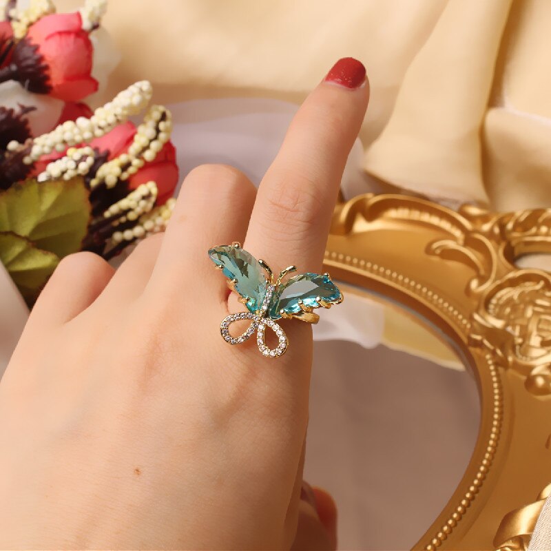 Korean design jewelry exquisite copper inlaid zircon opening adjustable crystal butterfly female shiny prom ring