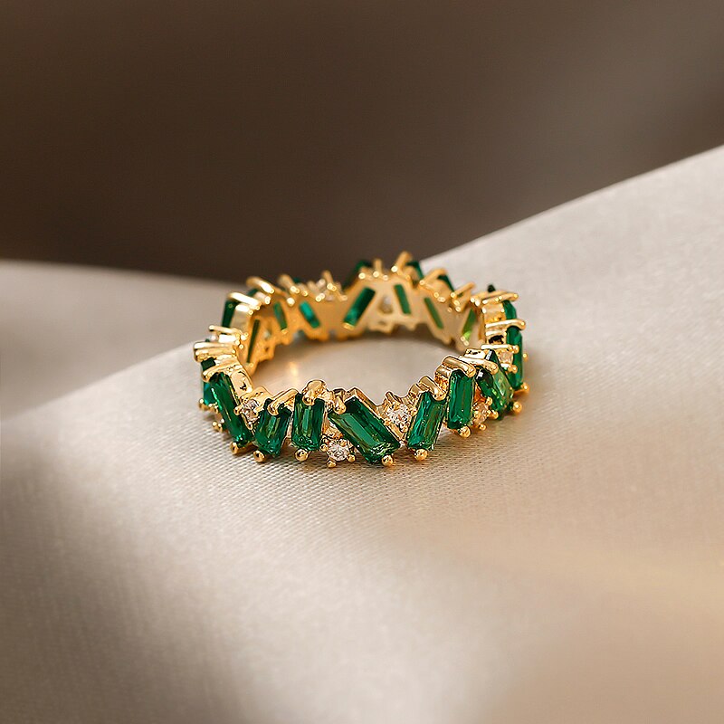 Korean design jewelry simple copper inlaid emerald zircon ring elegant women irregular closed ring