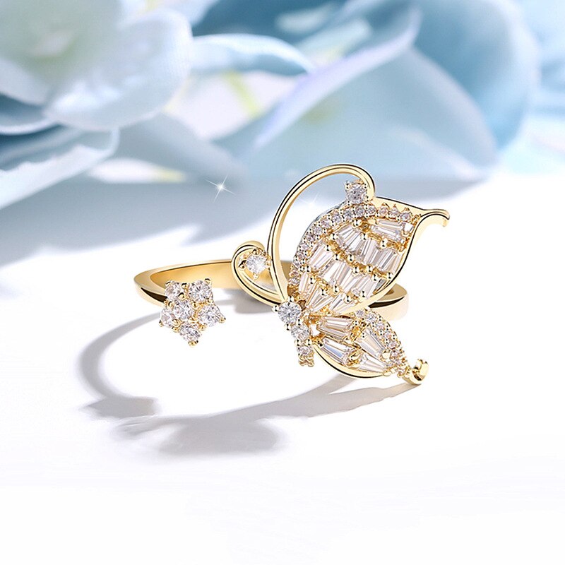 Korean design jewelry smart fairy copper inlaid zircon butterfly flower opening adjustable female prom party ring