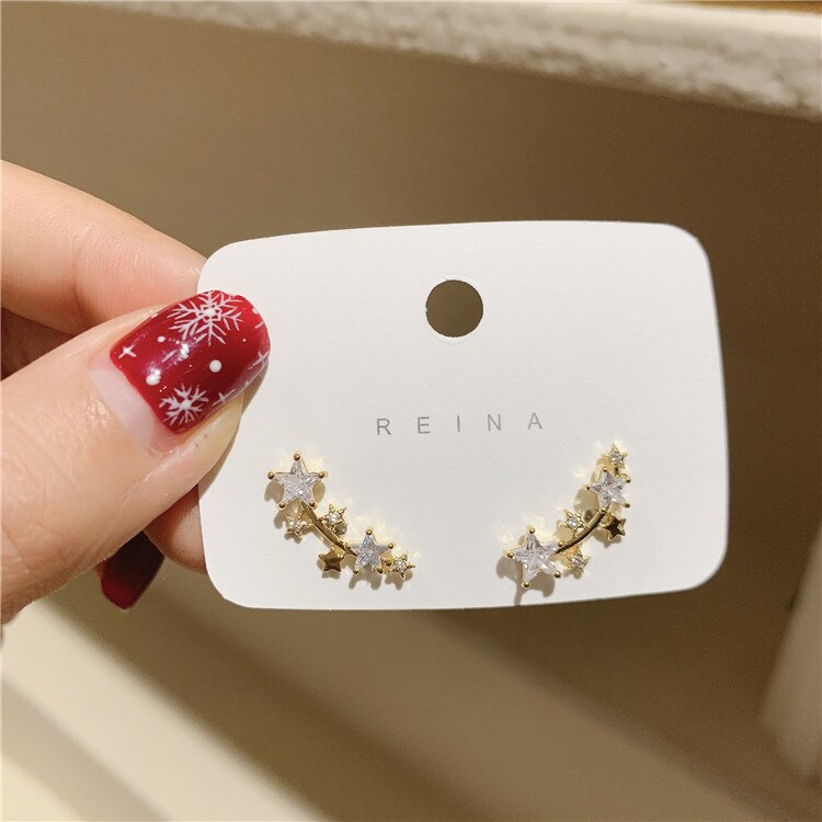 Korean jewelry exquisite AAA zircon five-pointed star 14K real gold earrings elegant sweet student women's earrings