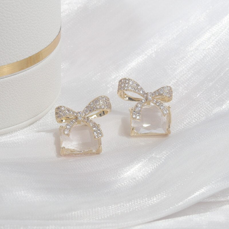 Korean jewelry exquisite copper inlaid zircon bow square crystal earrings elegant women's wedding party accessories