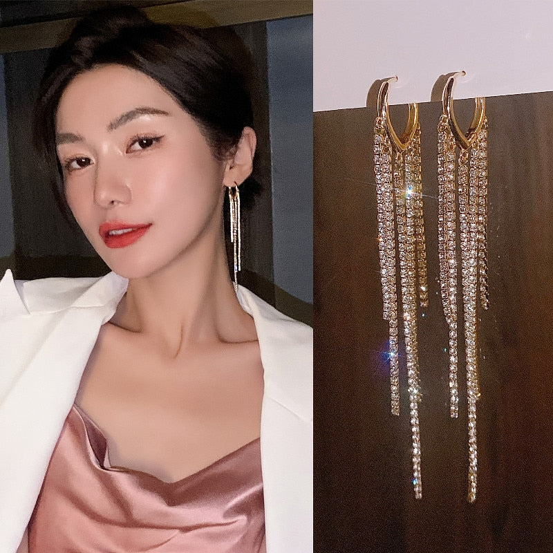 Korean jewelry shiny love long tassel crystal earrings  women's prom show face thinning party accessories