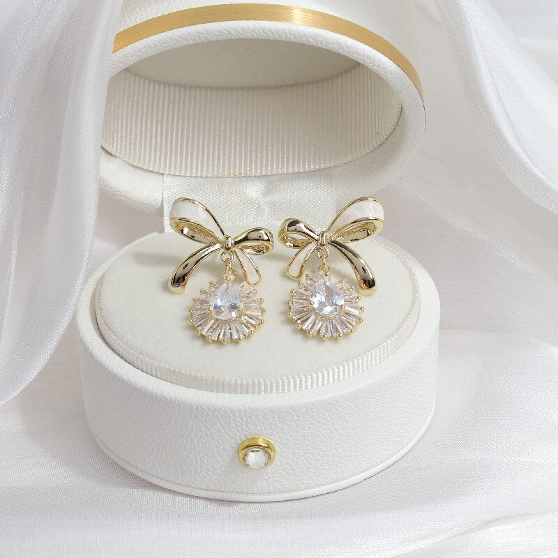 Korean jewelry sweet dripping bowknot  dripping zircon pendant earrings elegant women's wedding party earrings
