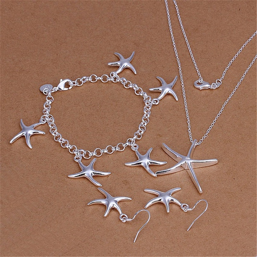 Korean trend 925 sterling Silver Pretty fine starfish Pendant Bracelet necklace earring Jewelry set for women Party Gift