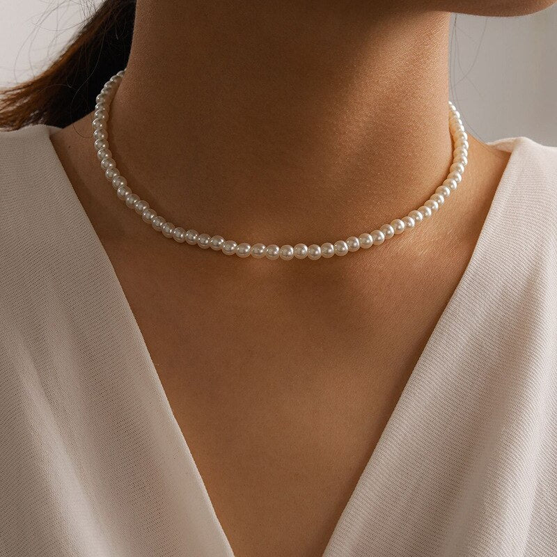 Korean trendy temperament all-match pearl necklace Female simple single-layer necklace clavicle chain