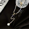 Kpop Bow Pearl Necklace Unusual Long Crystal Chains Beads Pendant Jewelry for Women Girls Gift Necklaces 2021