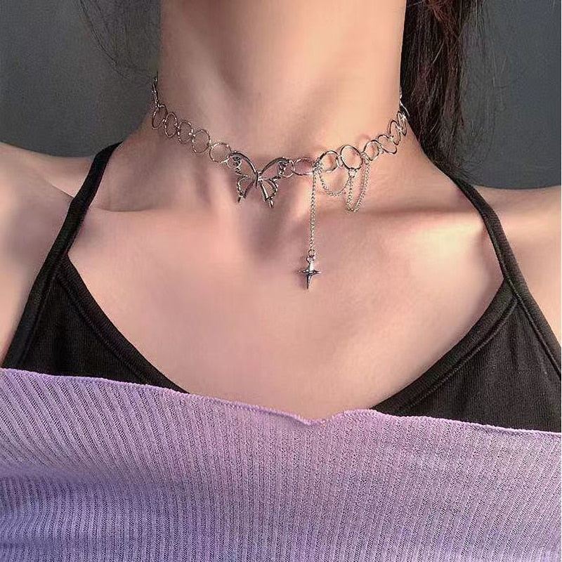 Kpop Butterfly Choker Y2k Goth Collar Vintage Women Tassel Cross Necklace Short Grunge Fairy Core Hollow Chain Kolye Jewelry2021