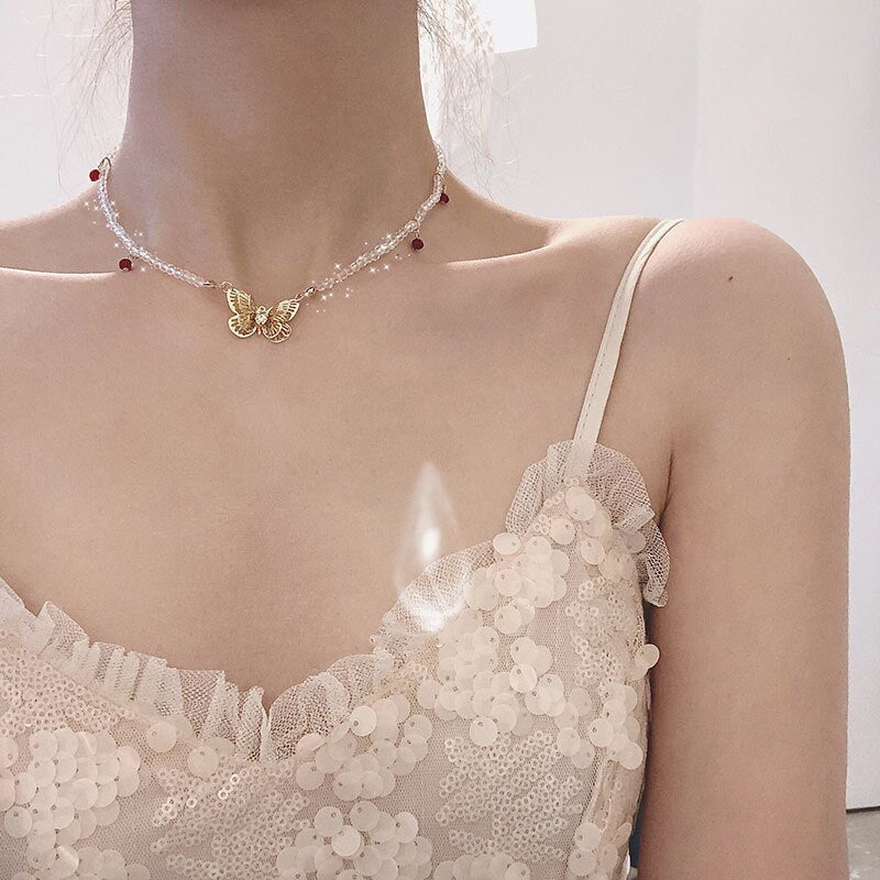 Kpop Chain Cutout Gold Butterfly Tassel Pendant Necklace for Women Aesthetic Jewelry