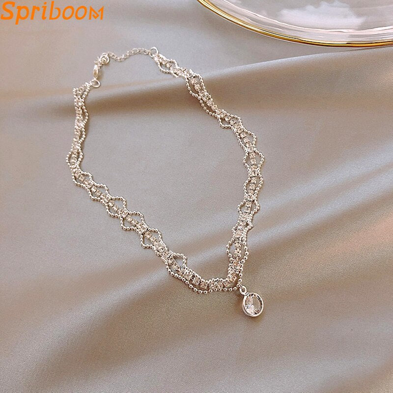 Kpop Crystal Choker Necklaces for Women Girls Fairy Shiny Large Zircon Plated 3 Layers Clavicle Chain Necklace Wedding Jewelry