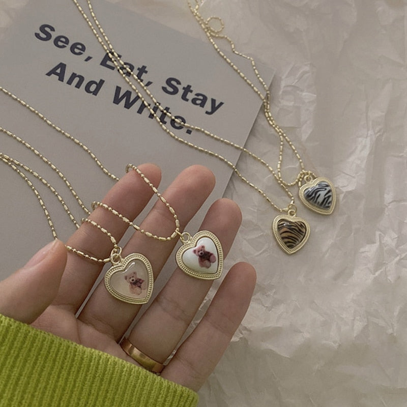 Kpop Cute Heart Bear Pendant Necklace for Girl Women Vintage Retro Leopard Neck Chain Korean Collier Collares Jewelry