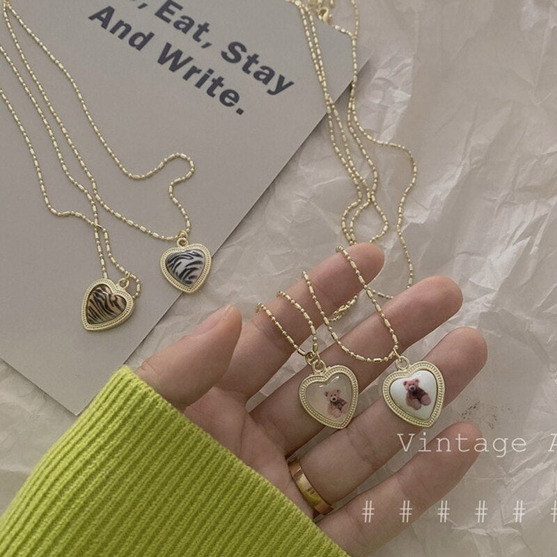 Kpop Cute Heart Bear Pendant Necklace for Girl Women Vintage Retro Leopard Neck Chain Korean Collier Collares Jewelry