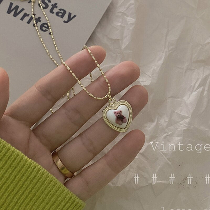 Kpop Cute Heart Bear Pendant Necklace for Girl Women Vintage Retro Leopard Neck Chain Korean Collier Collares Jewelry