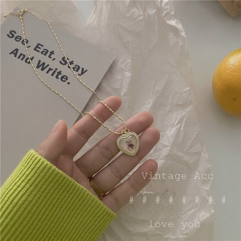 Kpop Cute Heart Bear Pendant Necklace for Girl Women Vintage Retro Leopard Neck Chain Korean Collier Collares Jewelry