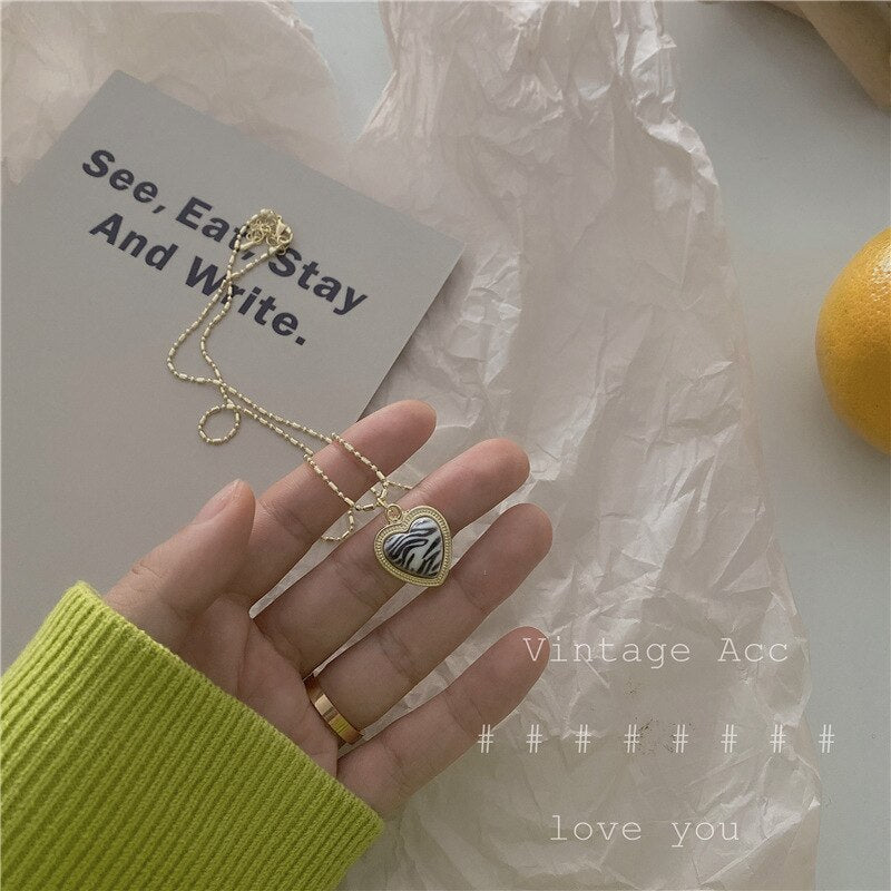 Kpop Cute Heart Bear Pendant Necklace for Girl Women Vintage Retro Leopard Neck Chain Korean Collier Collares Jewelry