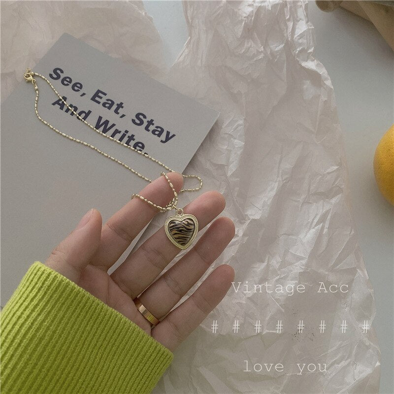 Kpop Cute Heart Bear Pendant Necklace for Girl Women Vintage Retro Leopard Neck Chain Korean Collier Collares Jewelry
